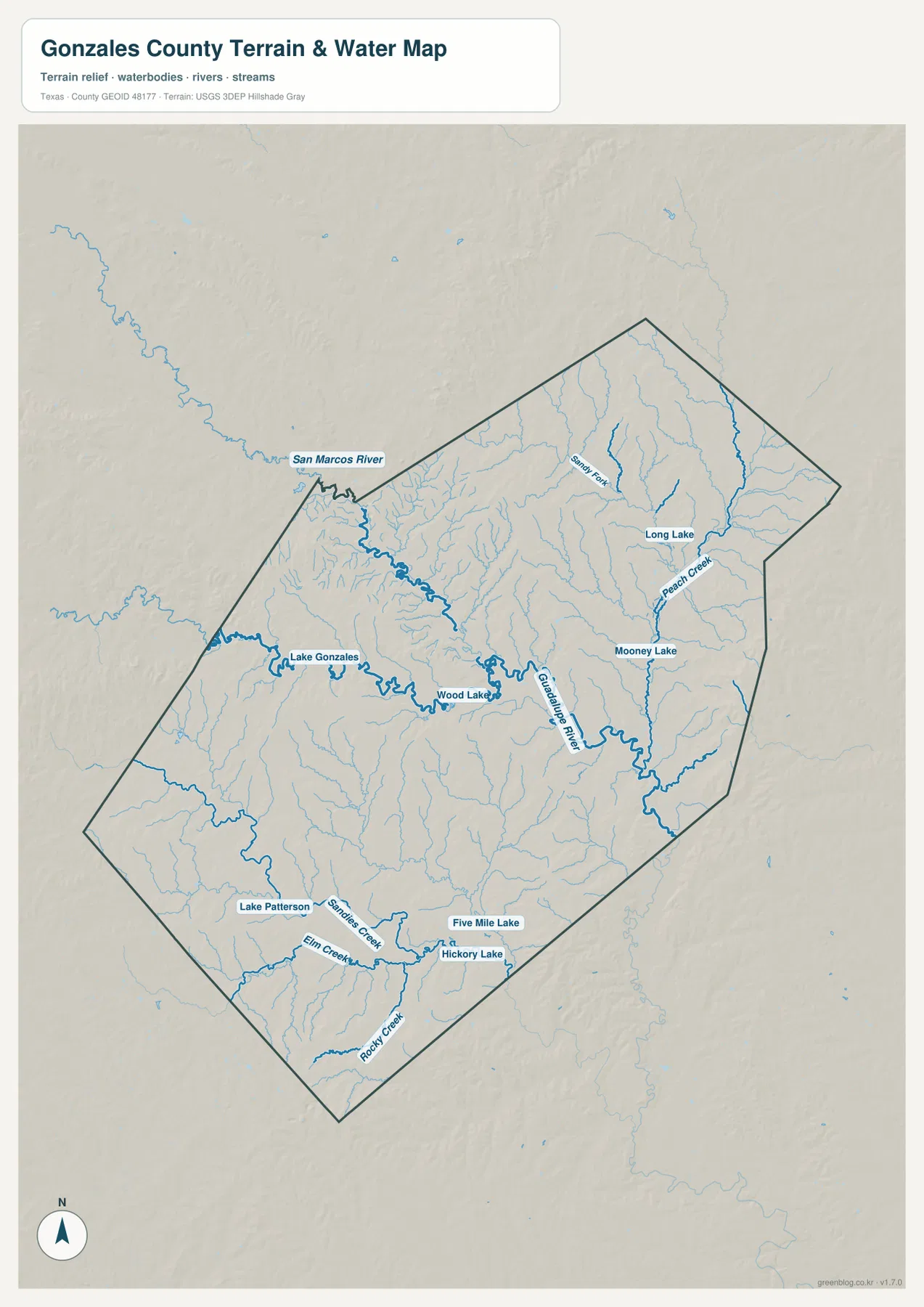 Water map of Gonzales County showing the San Marcos River, Guadalupe River, Lake Gonzales, Wood Lake, creeks, and smaller lakes