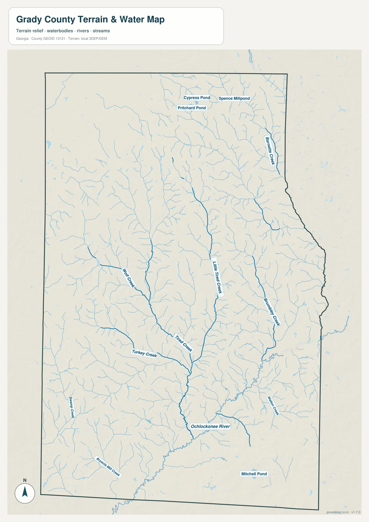 그레이디 카운티 수역 지도에 표시된 Ochlockonee River, Little Tired Creek, Tired Creek, Wolf Creek, Turkey Creek, Barnetts Creek와 여러 연못