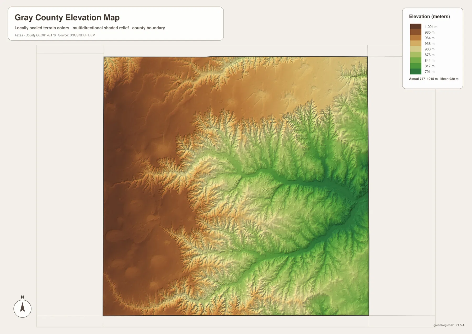 Gray County Texas elevation map showing higher western plains and lower central and eastern stream valleys