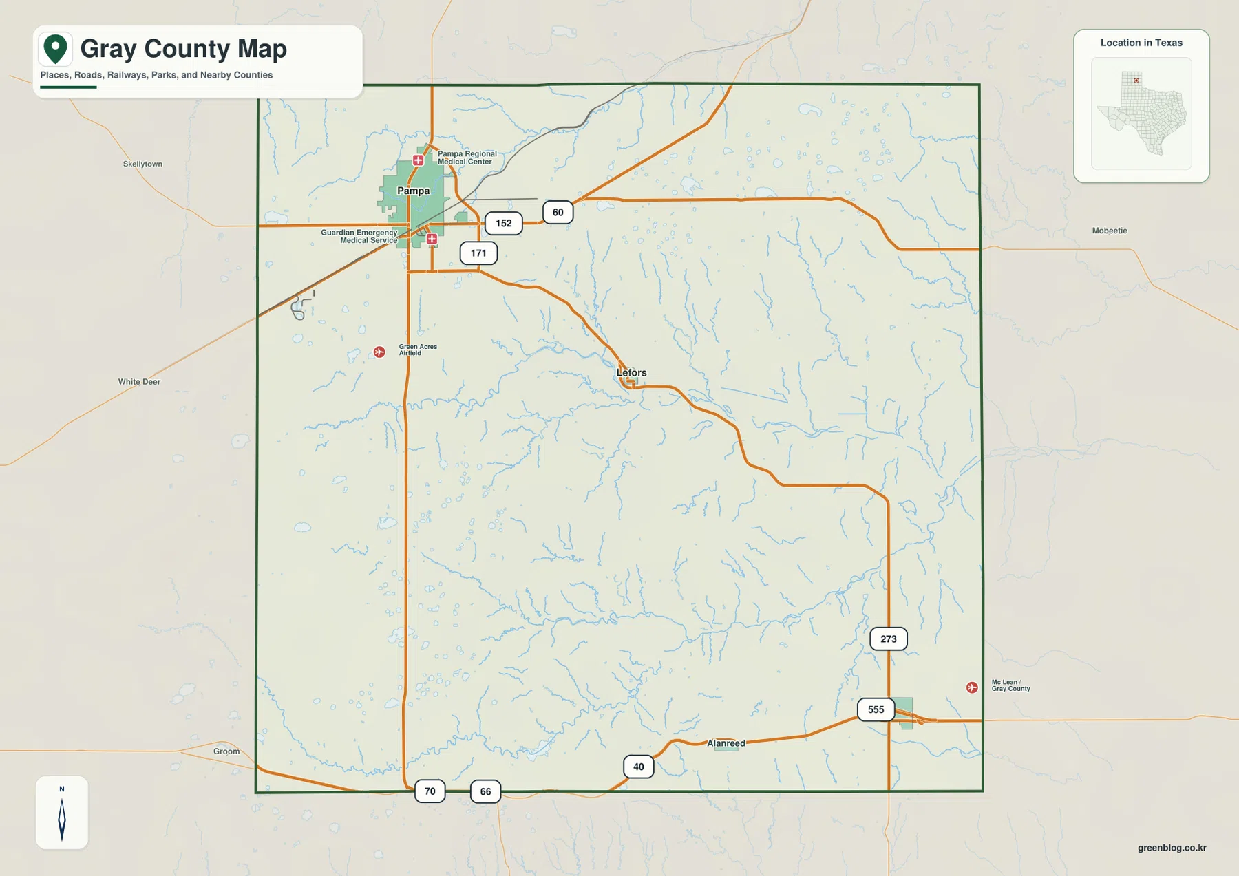 Gray County Texas map showing Pampa, Lefors, McLean, Alanreed, major roads, waterways, and the county boundary