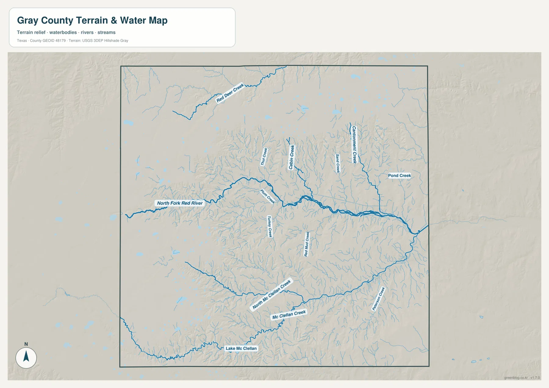 Gray County terrain and water map showing North Fork Red River, Red Deer Creek, McClellan Creek, Lake McClellan, and tributaries