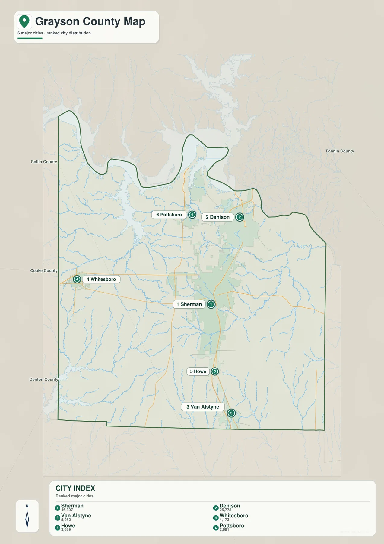 Ranked Grayson County city map showing Sherman, Denison, Van Alstyne, Whitesboro, Howe, and Pottsboro