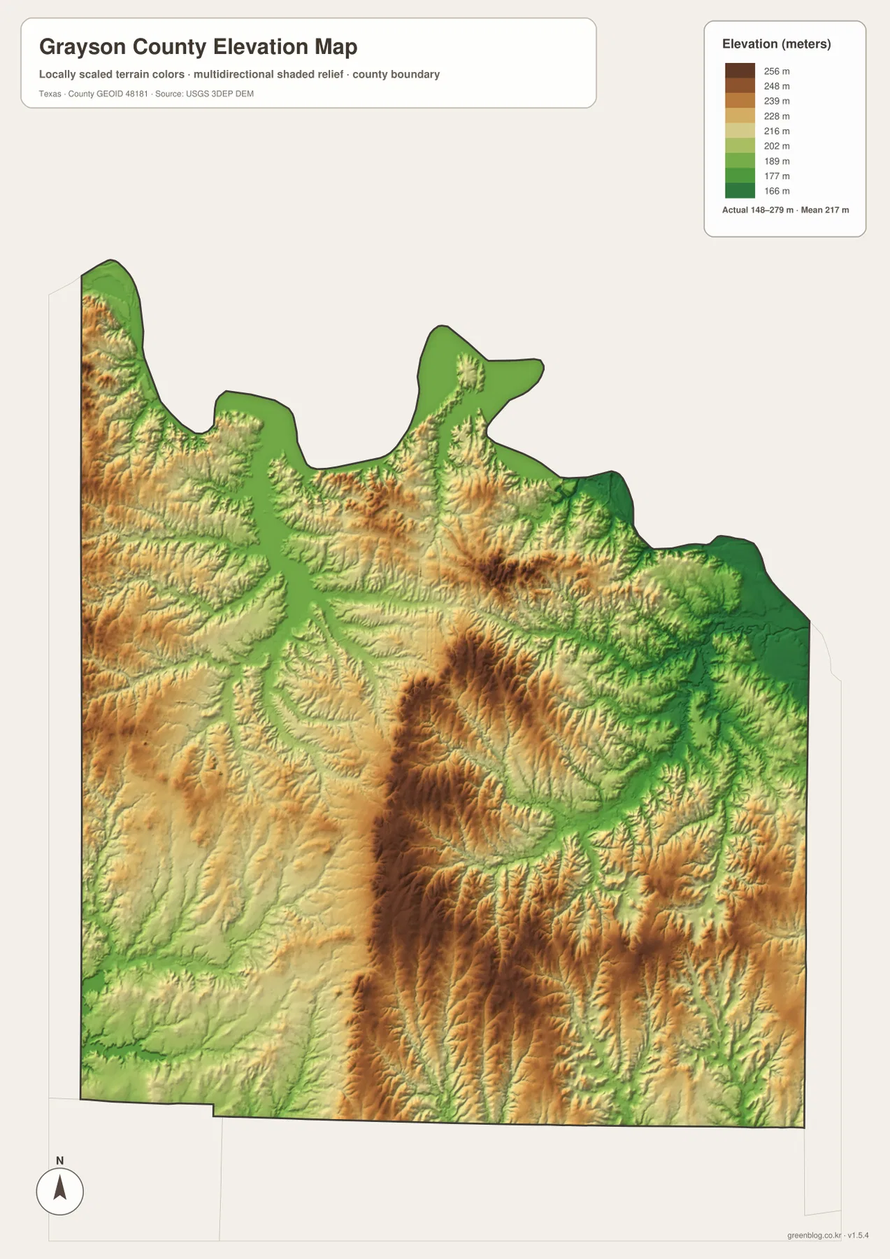 Grayson County elevation map with a local range of about 148 to 279 meters and shaded relief