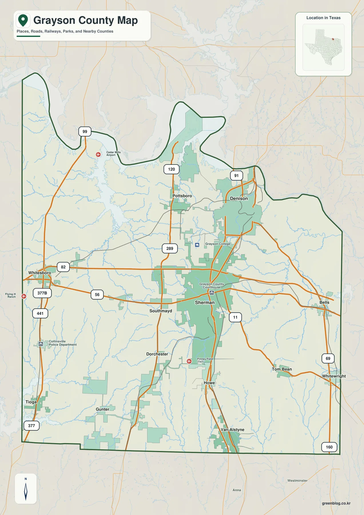 Grayson County Texas map showing Sherman, Denison, Pottsboro, Whitesboro, Van Alstyne, roads, waterways, and the county boundary