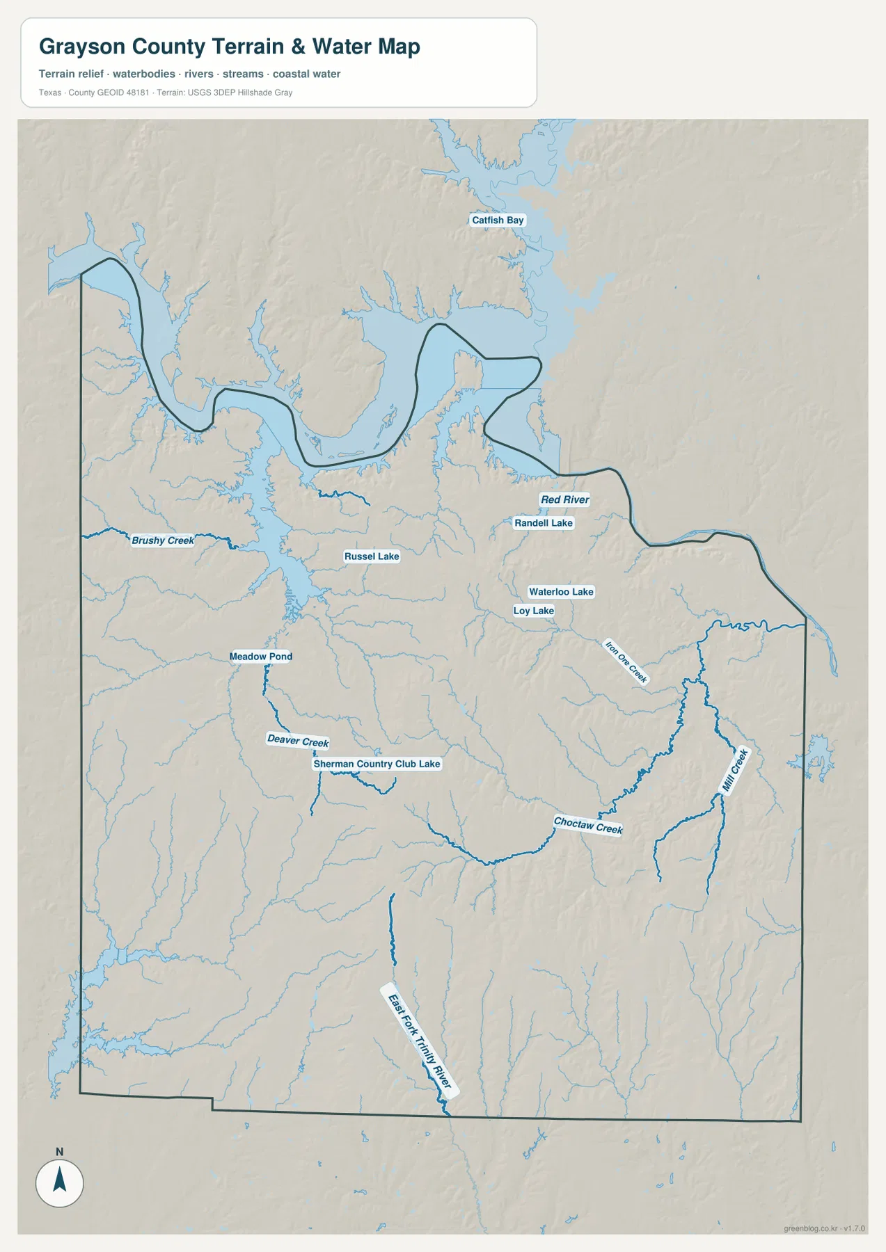 Grayson County terrain and water map showing the Red River, Lake Texoma shoreline, interior lakes, creeks, and tributaries