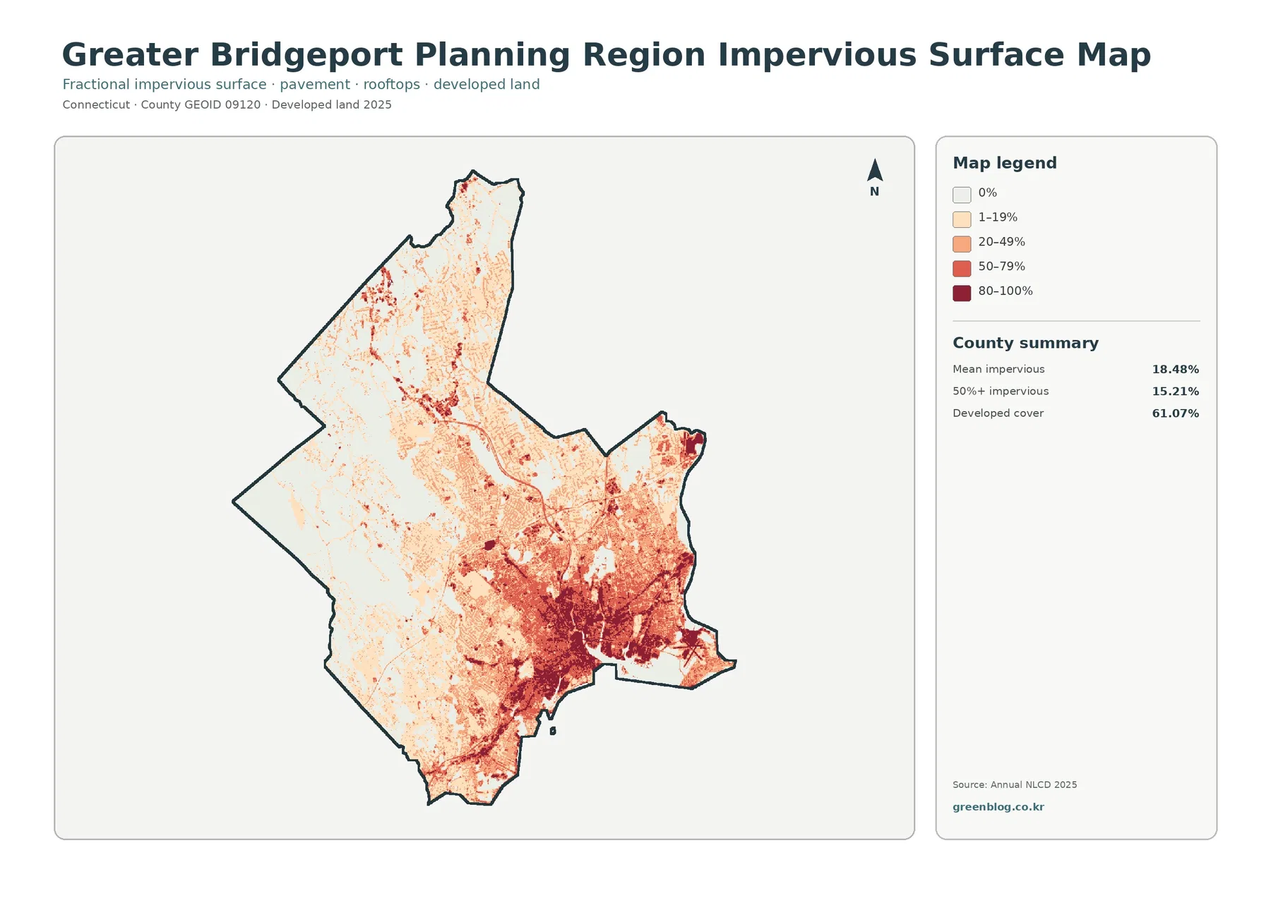 Greater Bridgeport Planning Region 불투수·개발지 지도