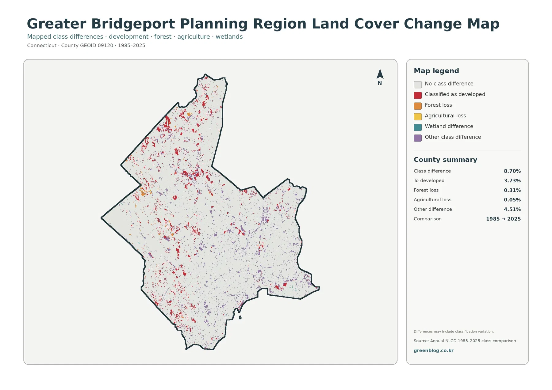 Greater Bridgeport Planning Region 토지 피복 변화 지도