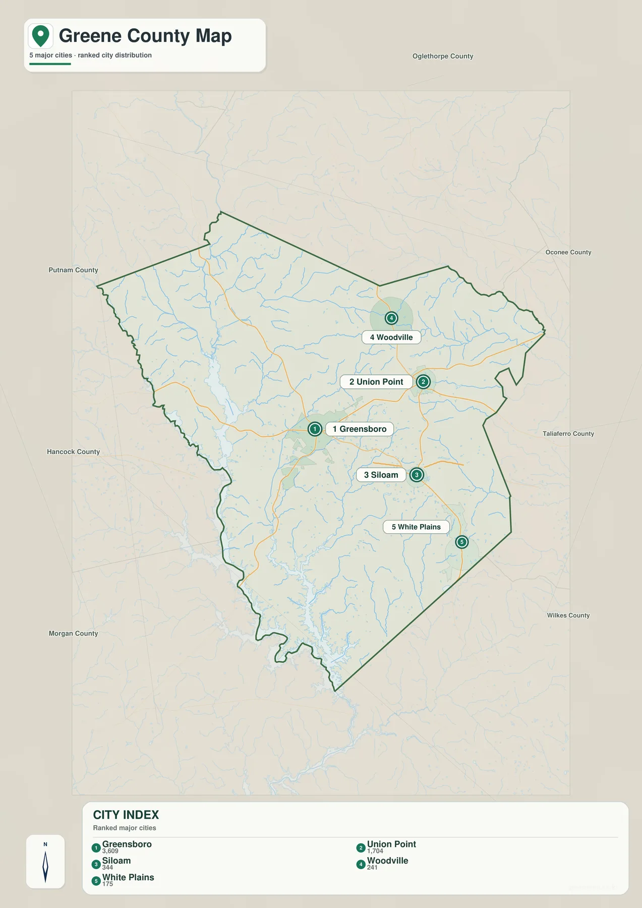 그린 카운티 도시 지도에 표시된 Greensboro, Union Point, Siloam, Woodville, White Plains