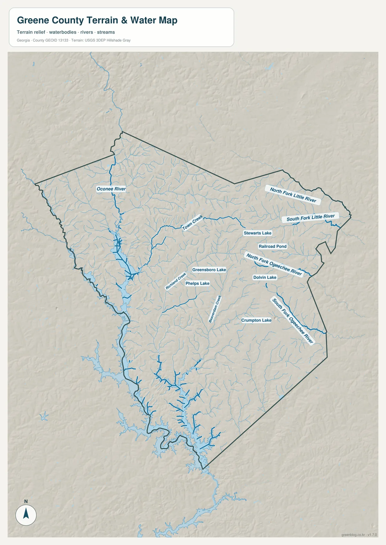그린 카운티 수역 지도에 표시된 Oconee River, Town Creek, North Fork Little River, South Fork Little River, North Fork Ogeechee River와 여러 호수
