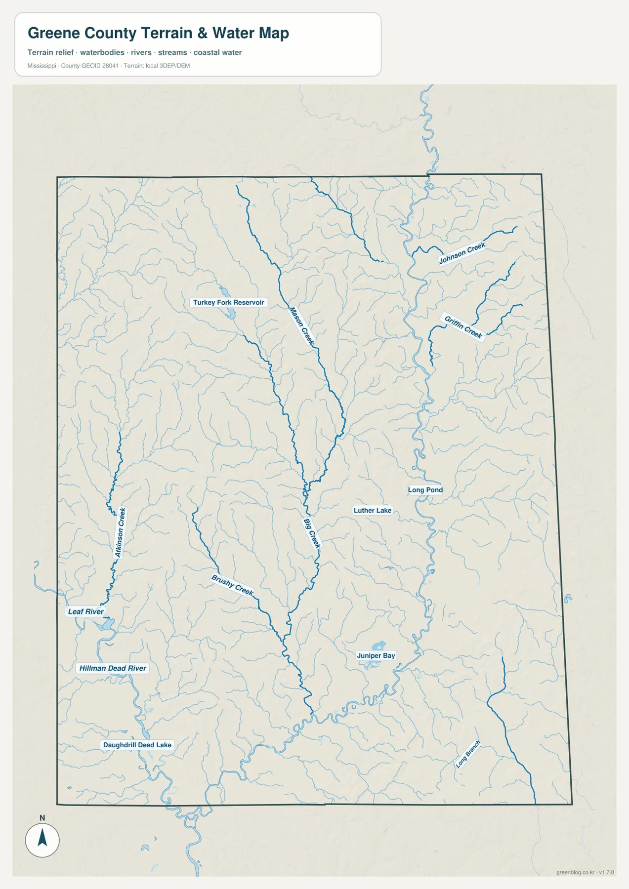 Leaf River, Big Creek, Mason Creek과 여러 호수를 표시한 그린 카운티 수역 지도