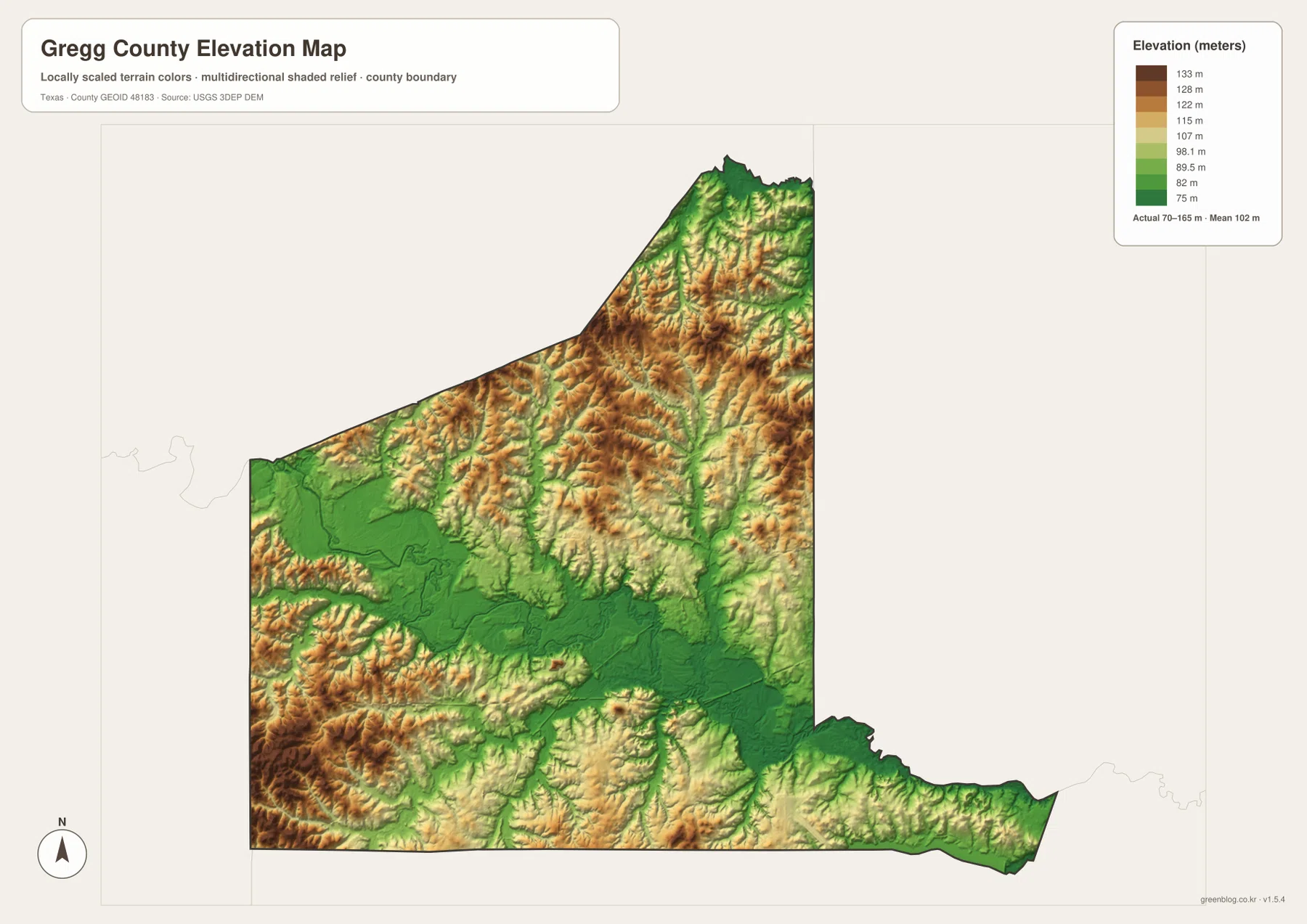 Gregg County elevation map showing an actual range of about 70 to 165 meters and a mean near 102 meters