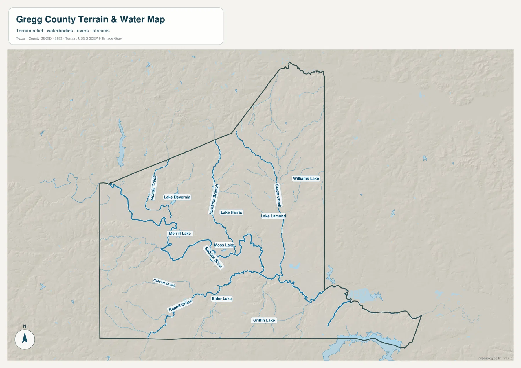 Gregg County terrain and water map showing the Sabine River, Moody Creek, Hawkins Branch, Grace Creek and named lakes