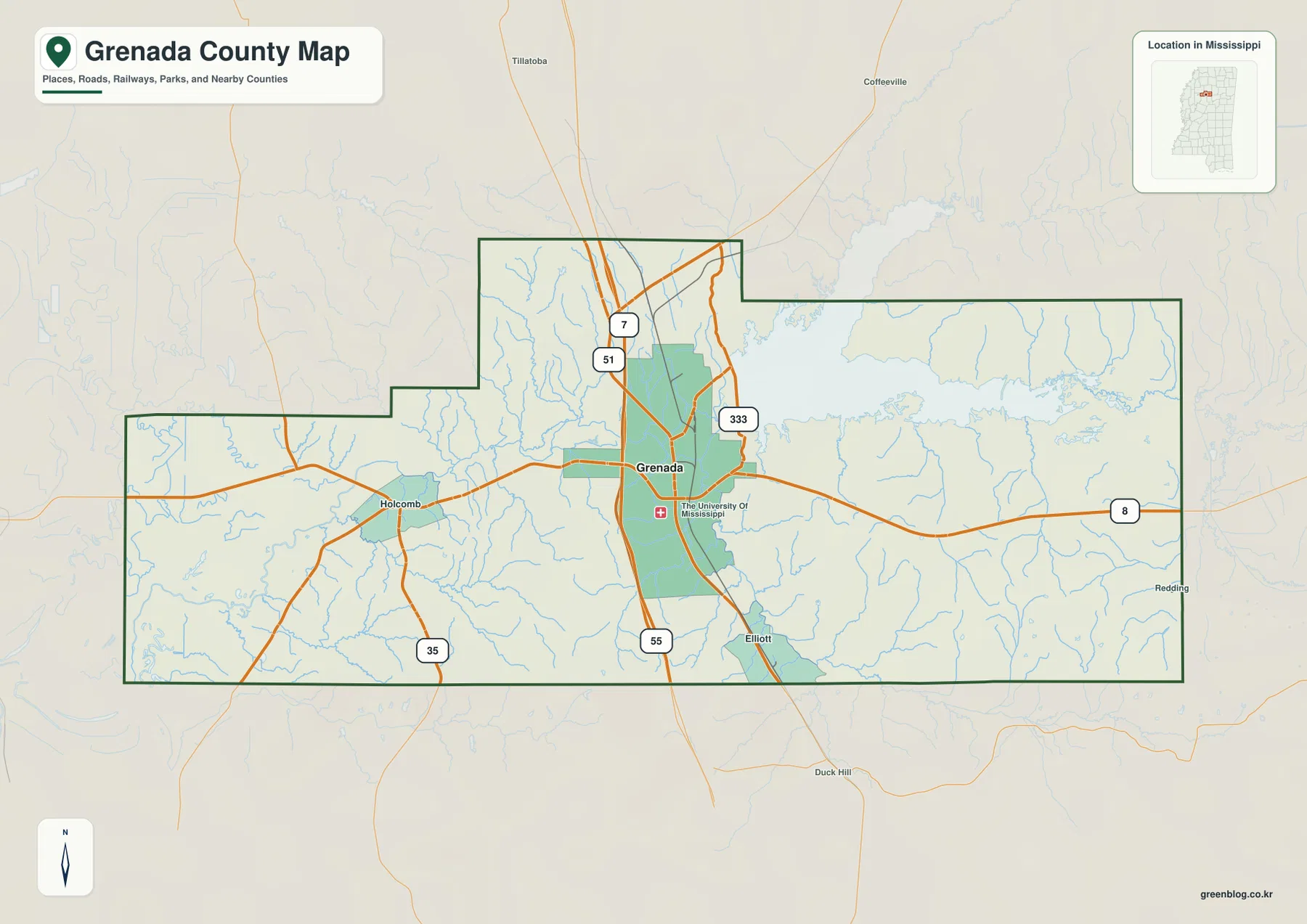 Grenada, I-55, US 51, MS 8과 Grenada Lake를 표시한 미시시피주 그레나다 카운티 지도