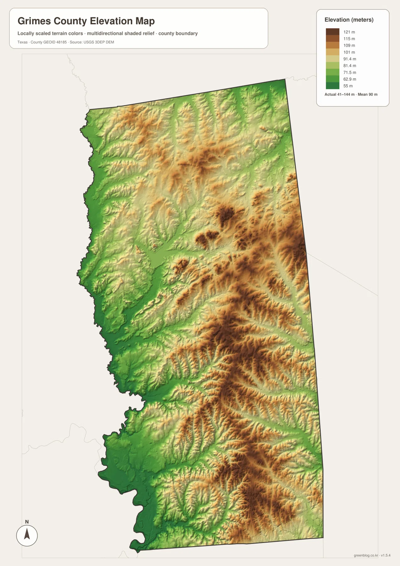 Grimes County elevation map showing an actual range of about 41 to 144 meters, lower western river valleys, and higher central and eastern ridges