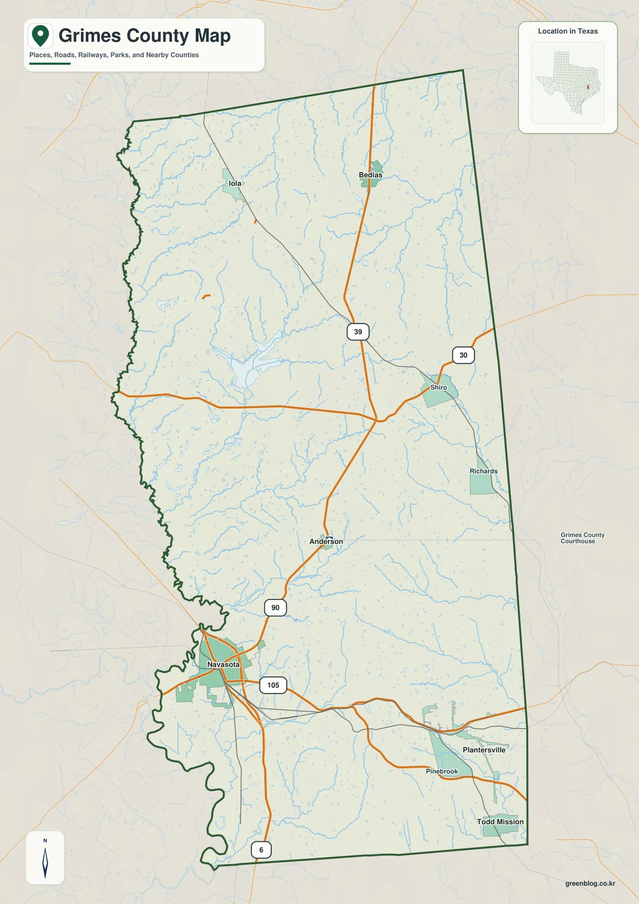 Grimes County Texas map showing Navasota, Anderson, Bedias, Iola, Shiro, Richards, major roads, railways, and the county boundary