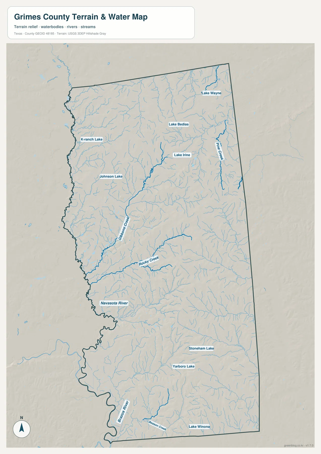 Grimes County terrain and water map showing the Brazos River, Navasota River, Gibbons Creek, Rocky Creek, Pine Creek, and named lakes