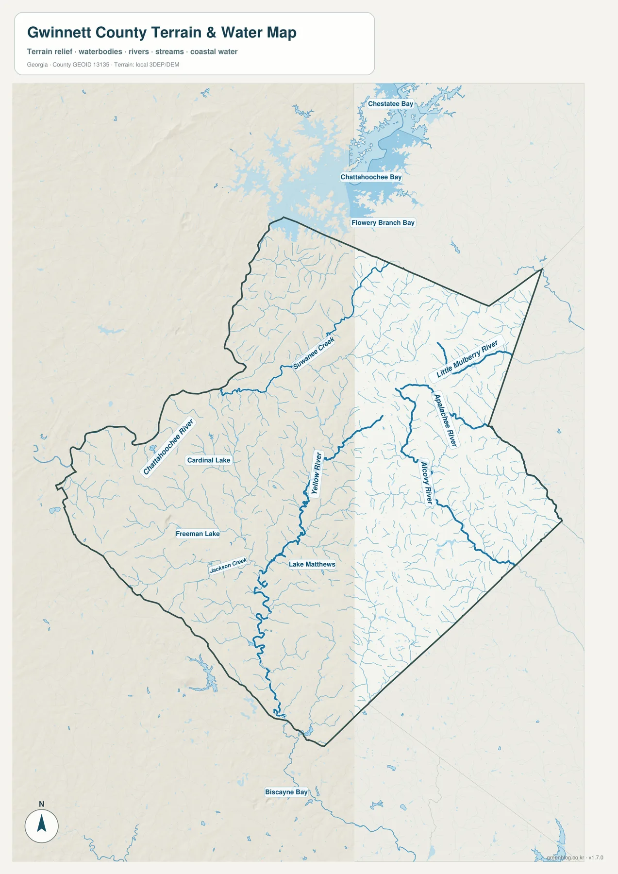 귀넷 카운티 수역 지도에 표시된 Chattahoochee River, Suwanee Creek, Yellow River, Alcovy River, Apalachee River, Little Mulberry River