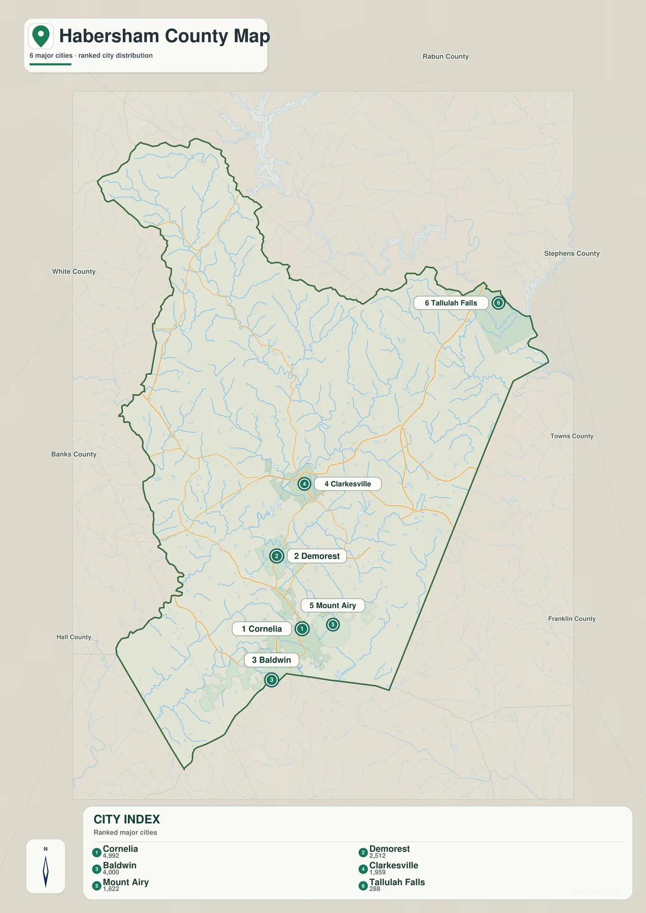 해버샴 카운티 도시 지도에 표시된 Cornelia, Baldwin, Demorest, Clarkesville, Mount Airy, Tallulah Falls