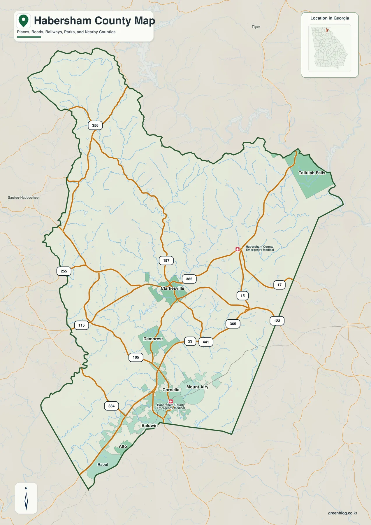 해버샴 카운티 지도에 표시된 Clarkesville, Cornelia, Demorest, Baldwin, Mount Airy, Alto, Tallulah Falls와 주요 도로