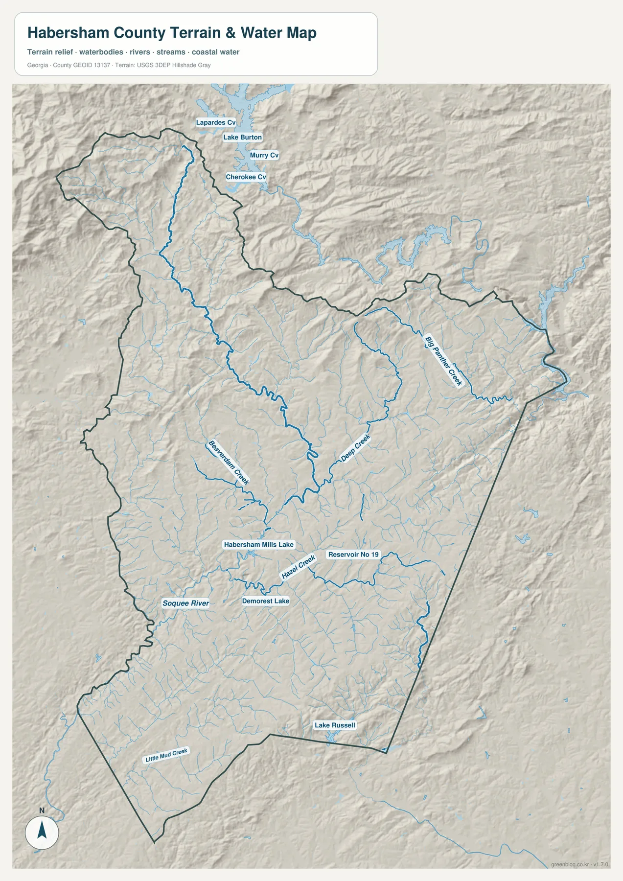 해버샴 카운티 수역 지도에 표시된 Soquee River, Big Panther Creek, Deep Creek, Beaverdam Creek, Hazel Creek와 여러 호수