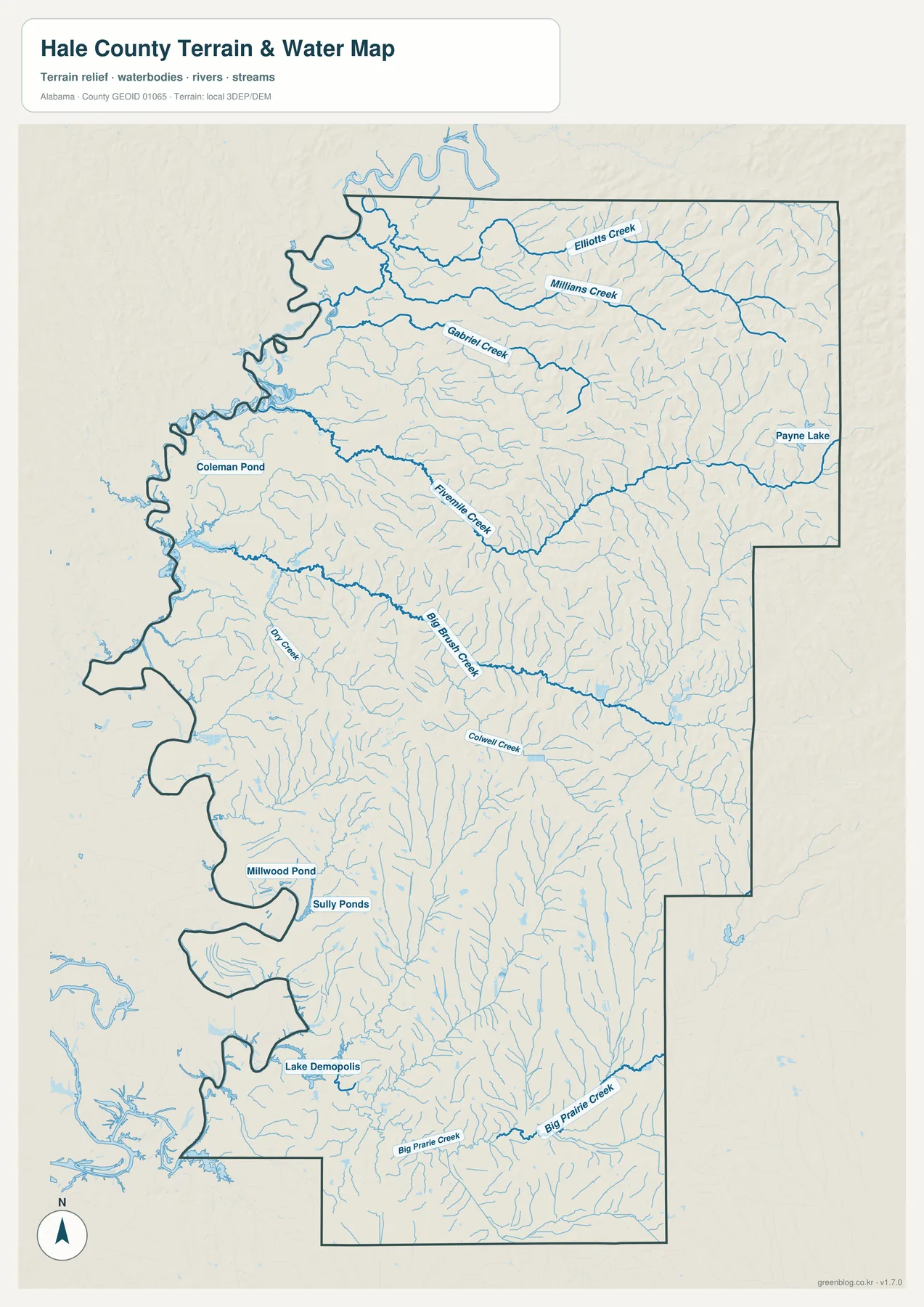 헤일 카운티 수역 지도에서 Elliott Creek, Gabriel Creek, Fivemile Creek, Big Brush Creek, Big Prairie Creek와 호수·연못을 표시한 지도