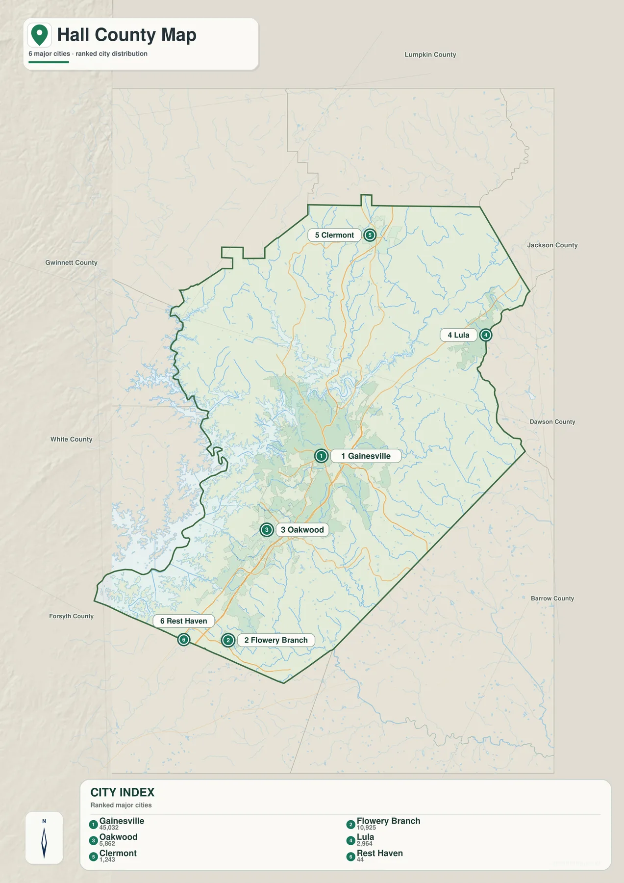 홀 카운티 도시 지도에 표시된 Gainesville, Flowery Branch, Oakwood, Lula, Clermont, Rest Haven