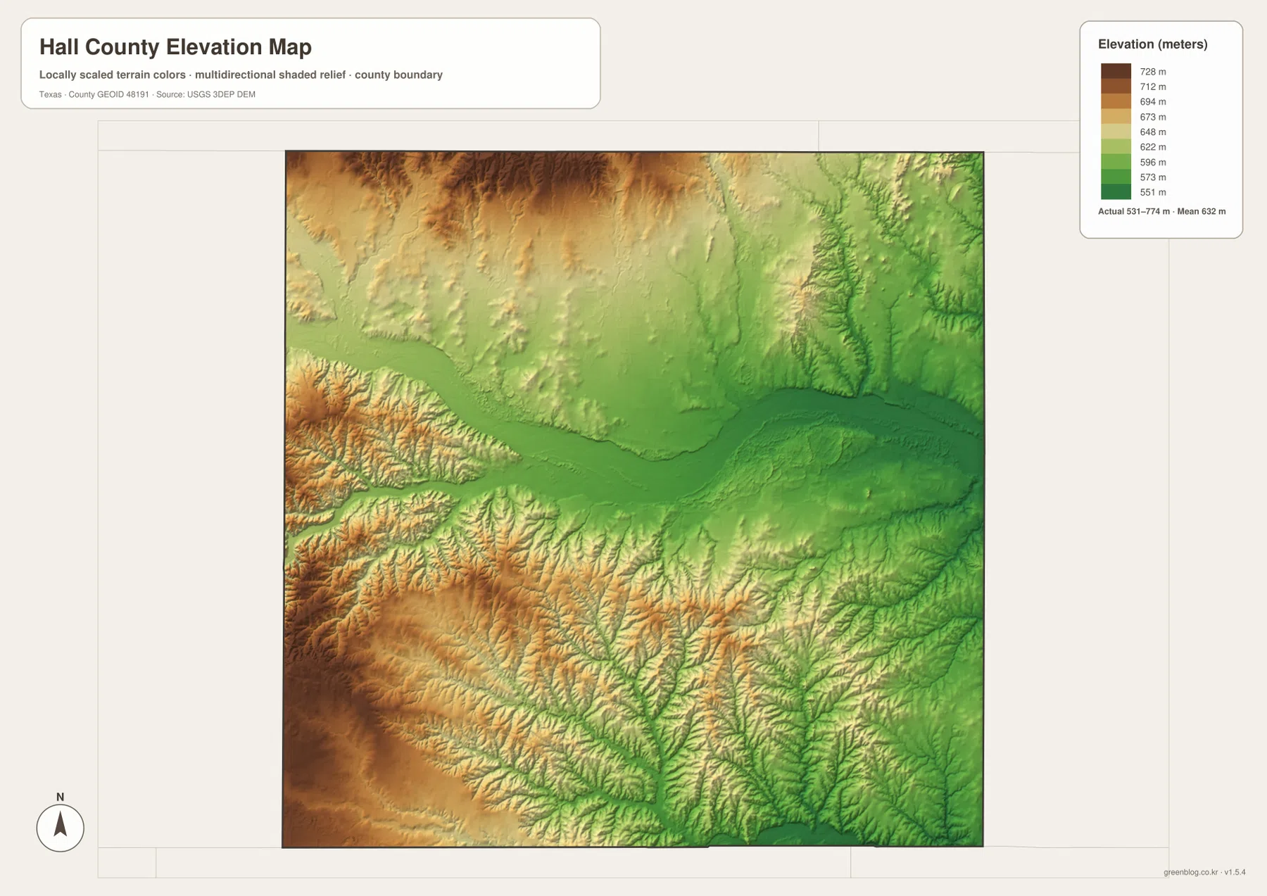 Hall County elevation map showing terrain from about 531 to 774 meters