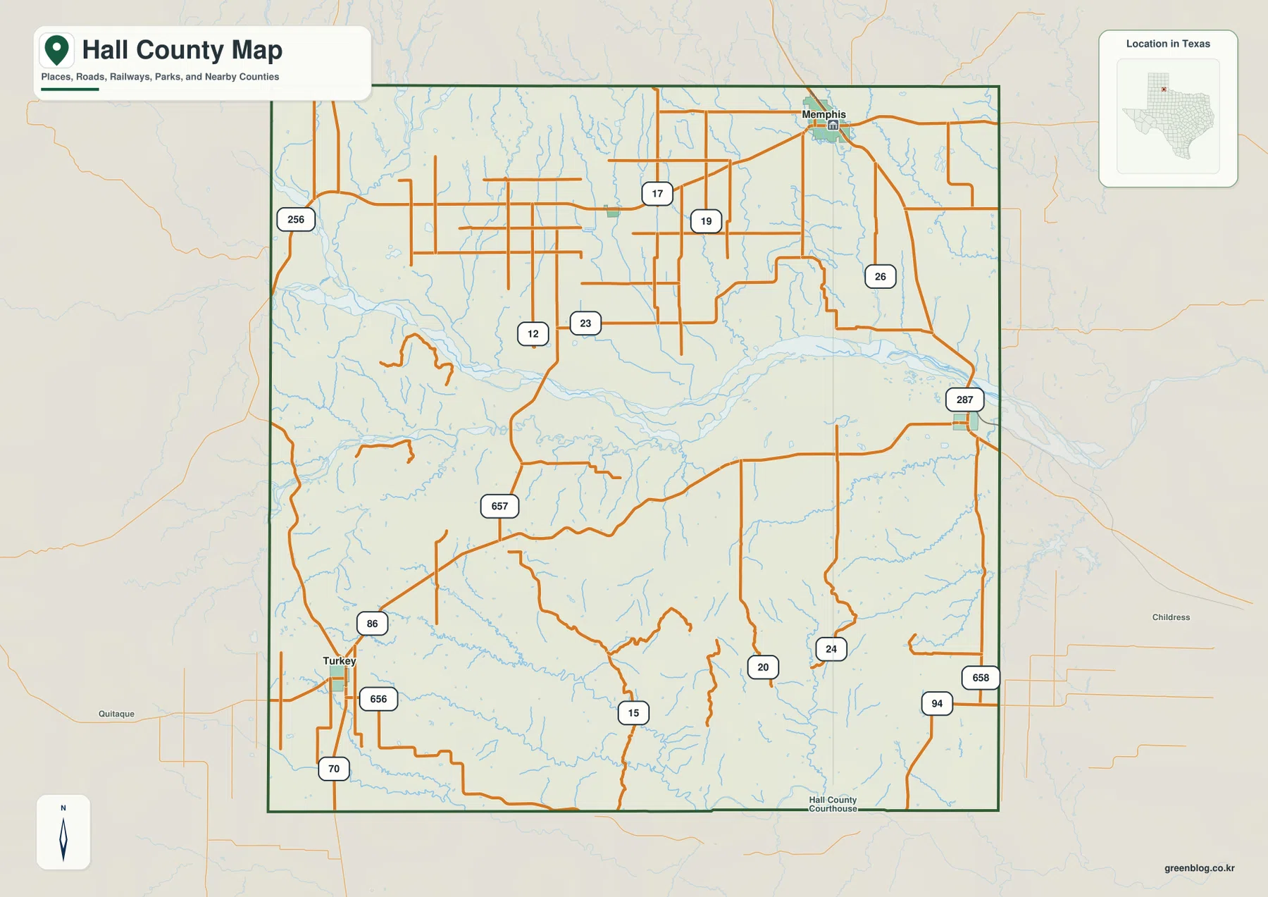 Hall County Texas map showing Memphis, Turkey, roads, streams, and the county boundary