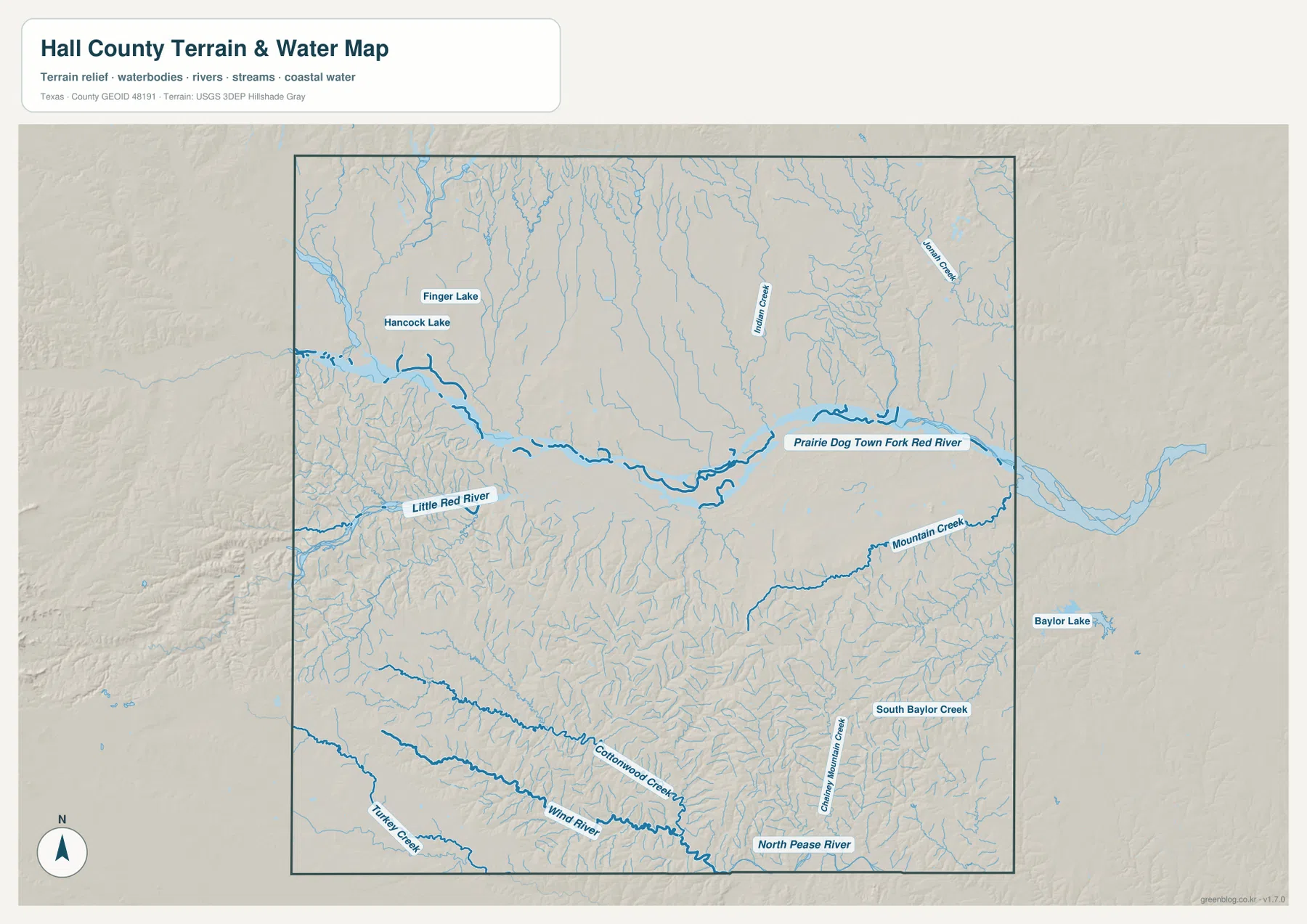 Hall County water map showing Prairie Dog Town Fork Red River, Little Red River, creeks, and lakes