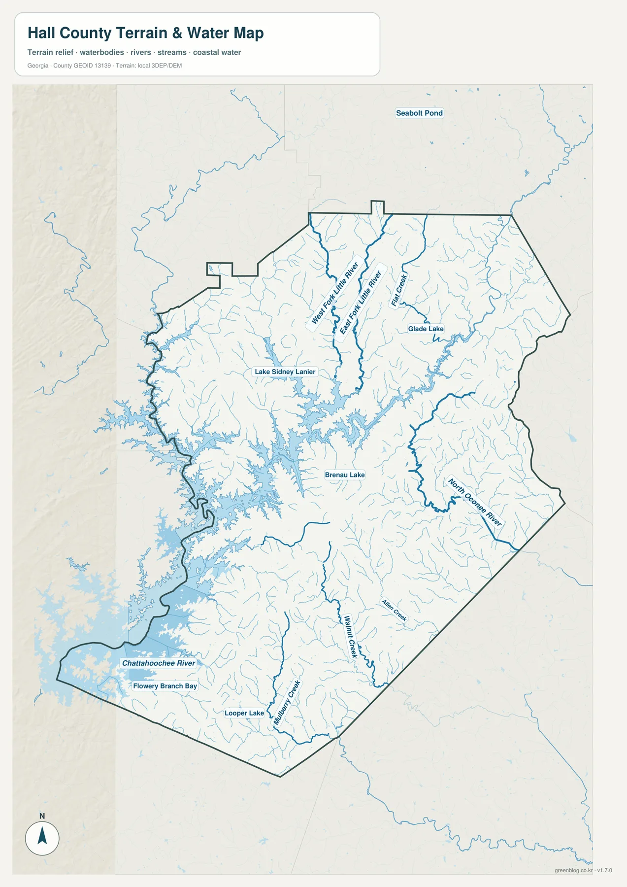 홀 카운티 수역 지도에 표시된 Lake Sidney Lanier, Chattahoochee River, West Fork Little River, East Fork Little River, North Oconee River와 주요 지류