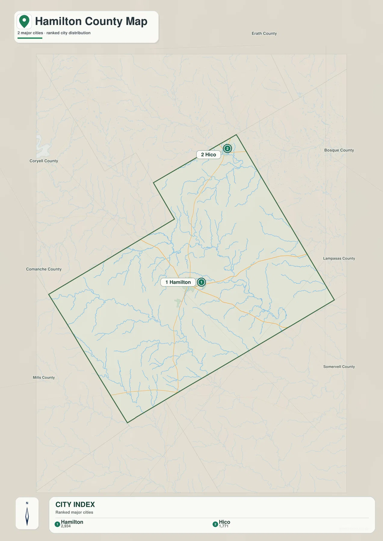 Hamilton County Texas city map showing Hamilton and Hico