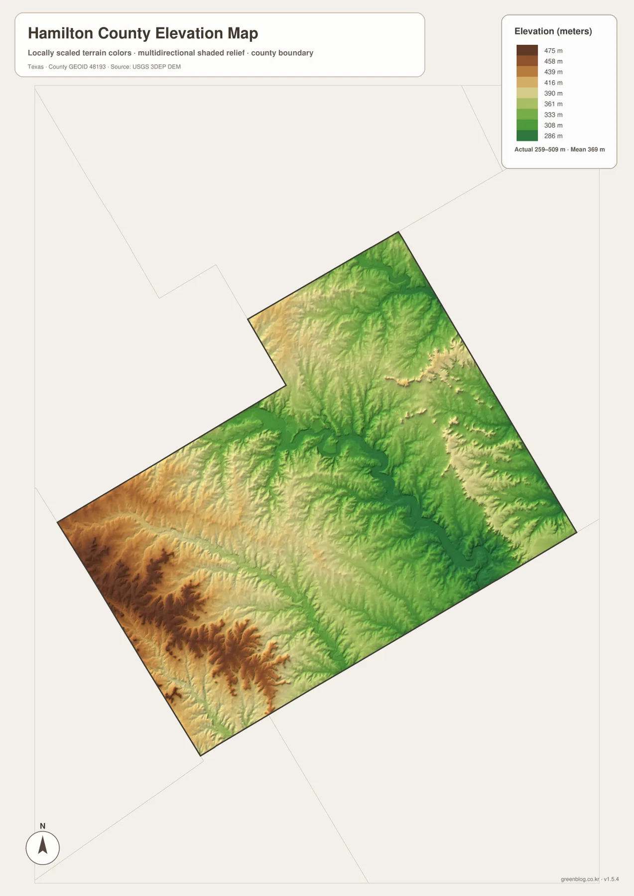 Hamilton County Texas elevation map showing roughly 259 to 509 meters