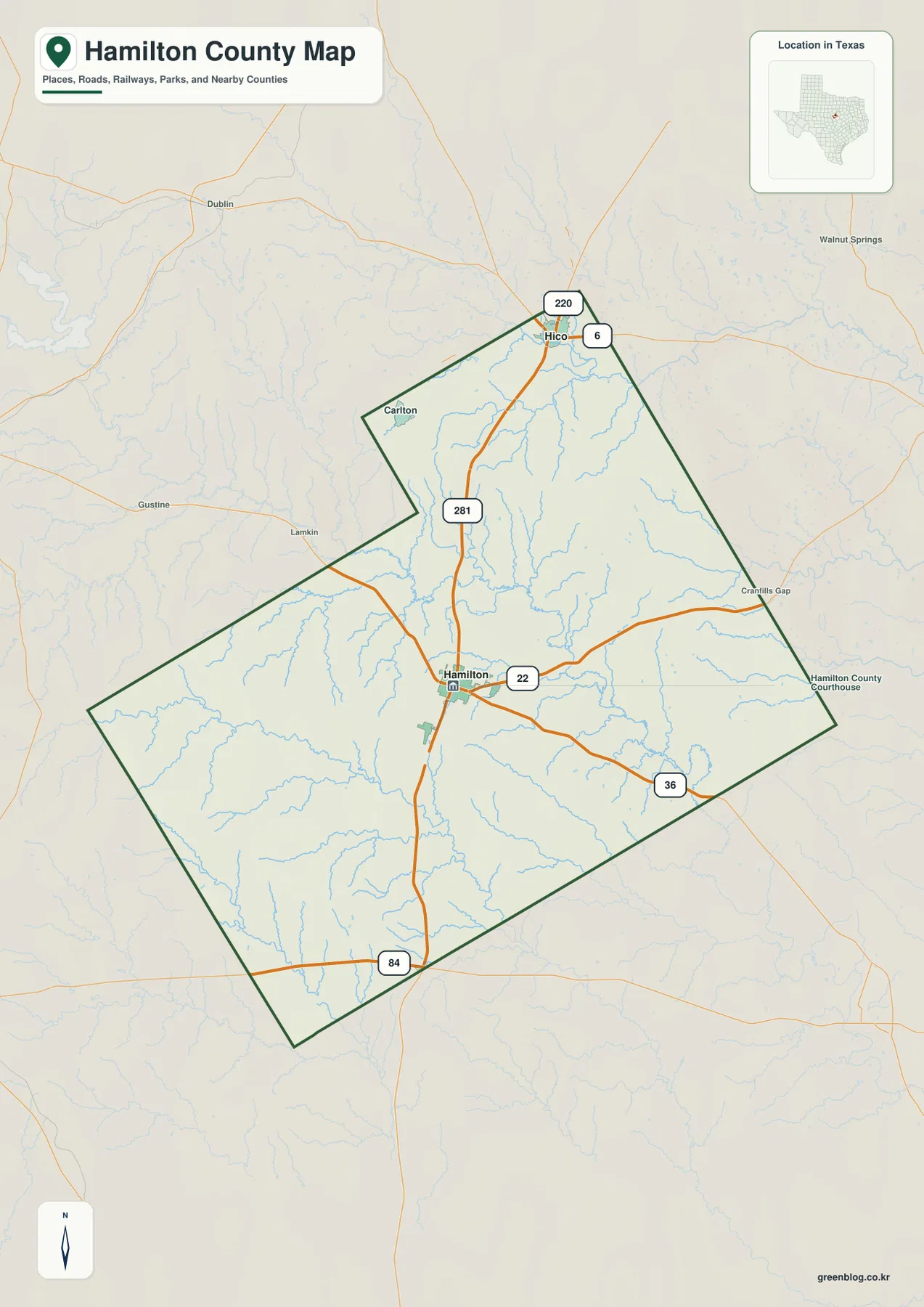 Hamilton County Texas map with Hamilton, Hico, U.S. 281 and major highways