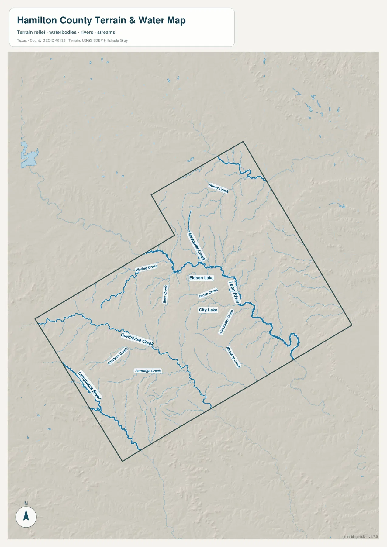 Hamilton County Texas water map with Leon River, Cowhouse Creek and Lampasas River