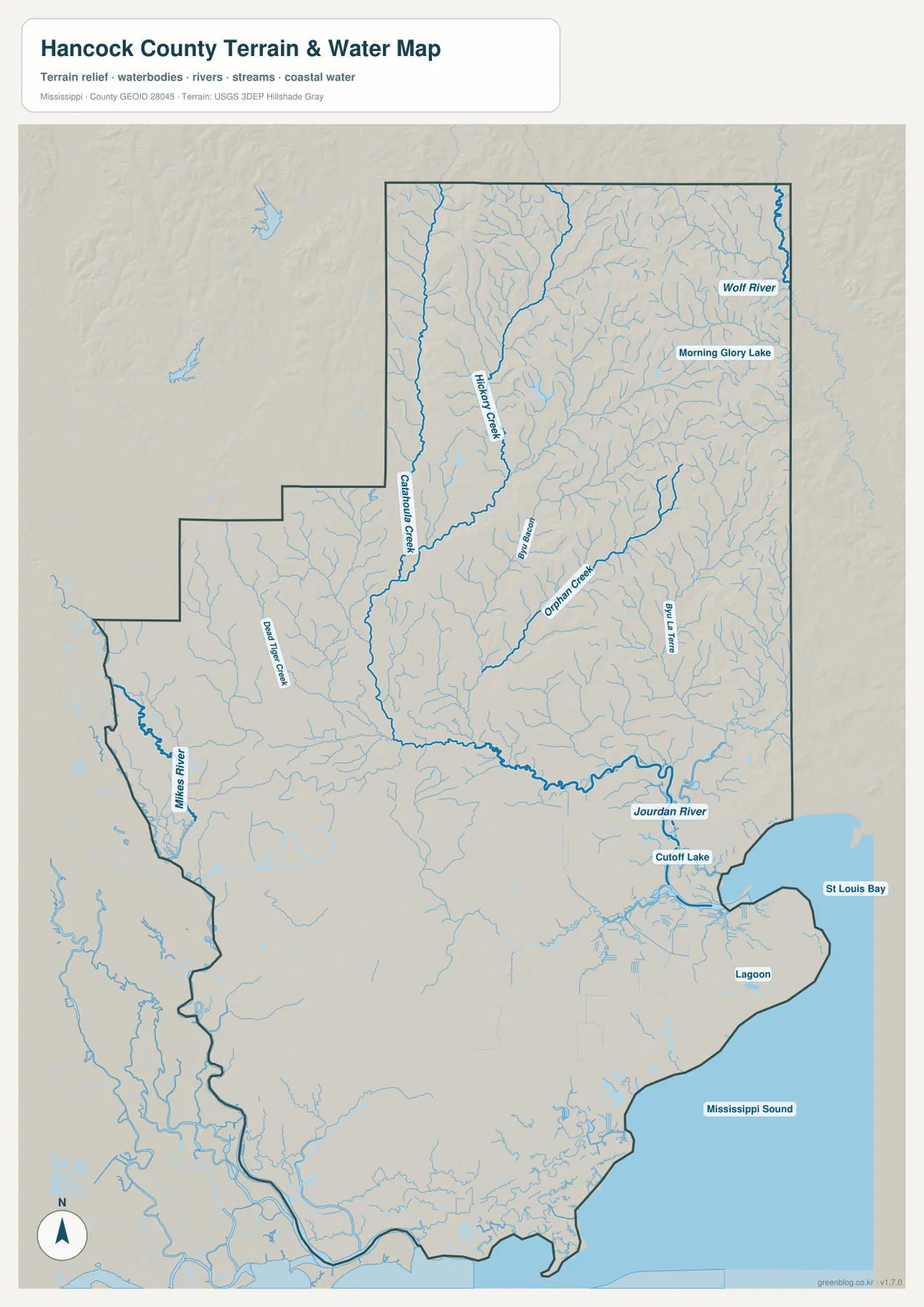 Jourdan River, Wolf River, Catahoula Creek, St. Louis Bay와 Mississippi Sound를 표시한 Hancock County 수역 지도
