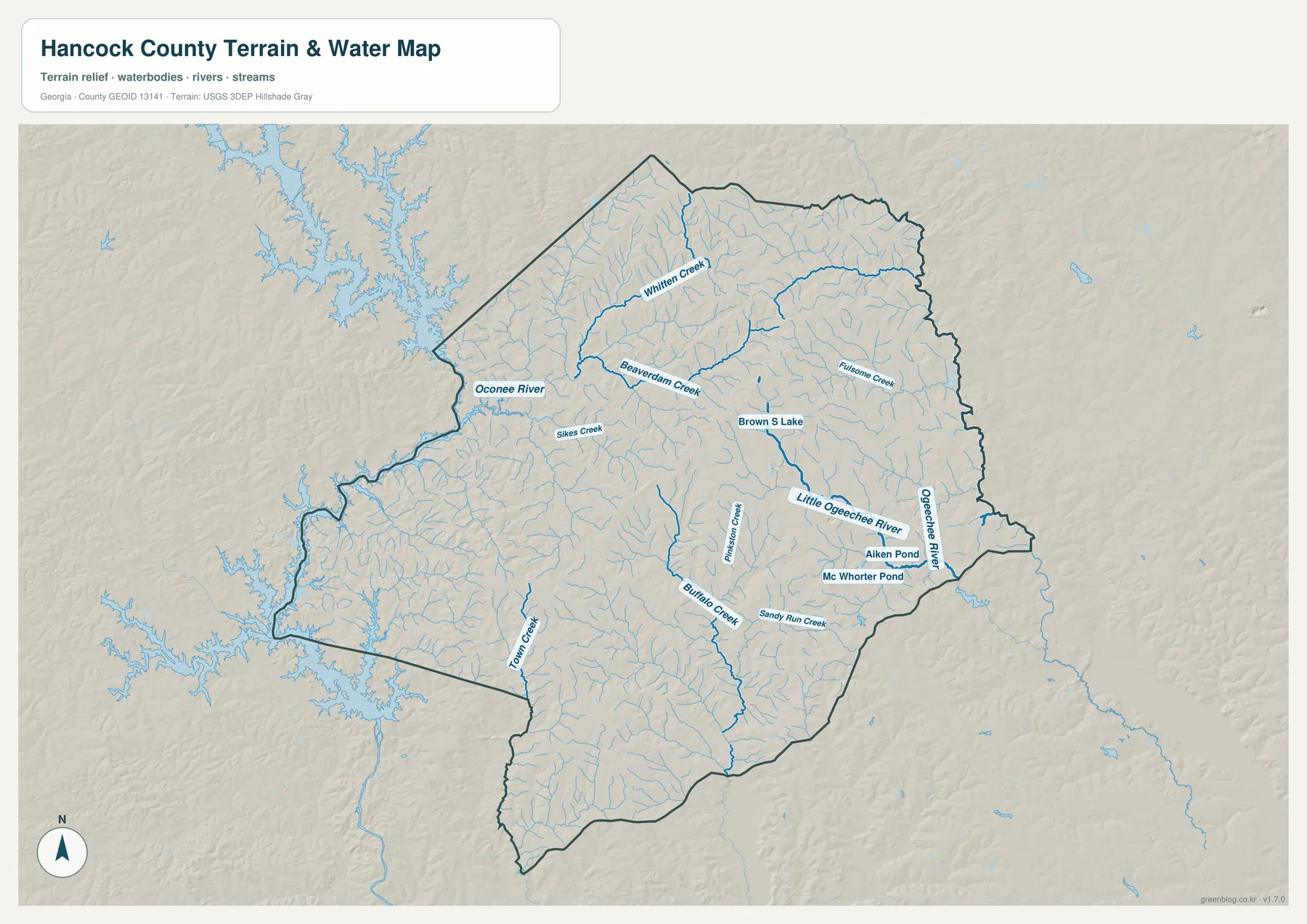 핸콕 카운티 수역 지도에 표시된 Oconee River, Little Ogeechee River, Ogeechee River, Whitten Creek, Beaverdam Creek, Buffalo Creek와 여러 연못