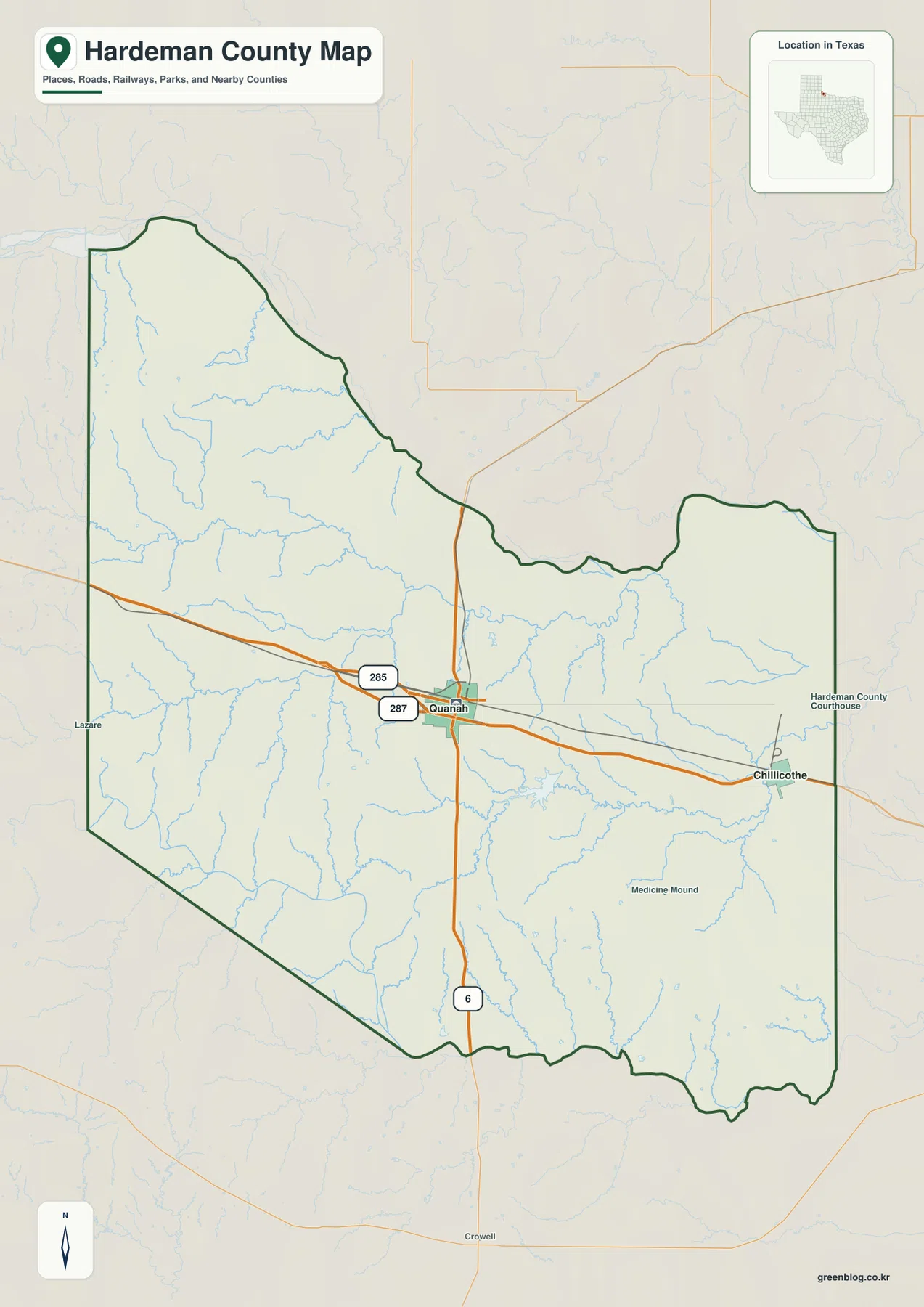 텍사스 하드먼 카운티 경계와 Quanah, Chillicothe, U.S. 287 지도