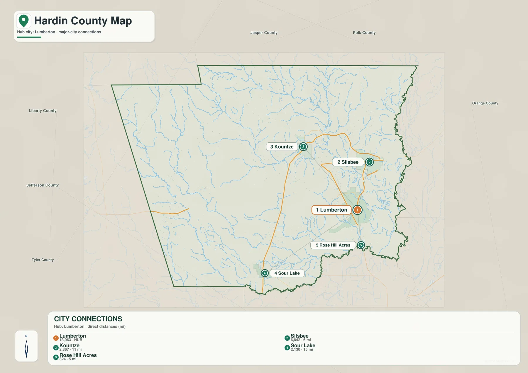 하딘 카운티 Lumberton, Silsbee, Kountze, Sour Lake 도시 위치 지도