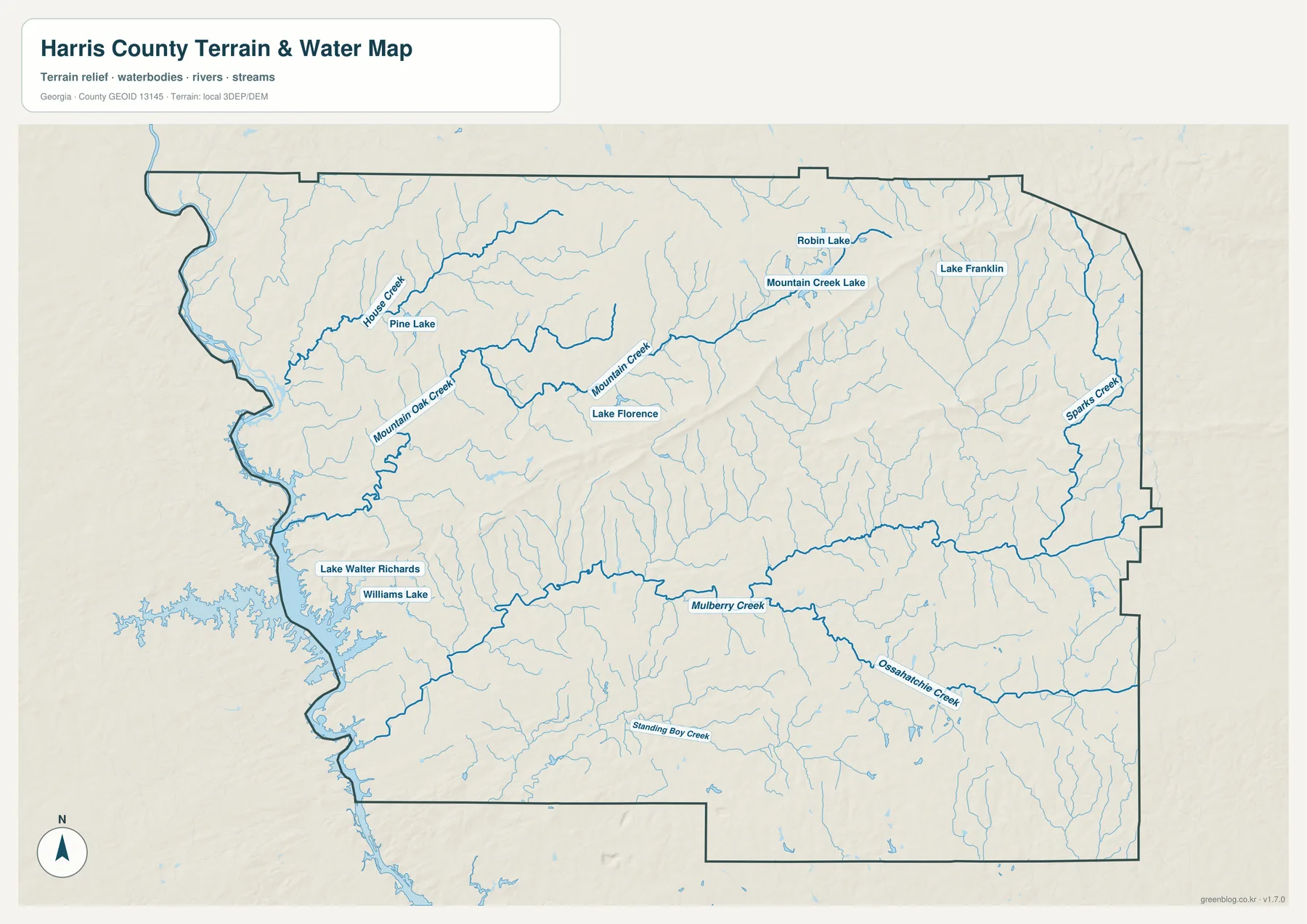 해리스 카운티 수역 지도에 표시된 Horse Creek, Mountain Oak Creek, Mountain Creek, Mulberry Creek, Ossahatchie Creek, Standing Boy Creek, Sparks Creek와 여러 호수