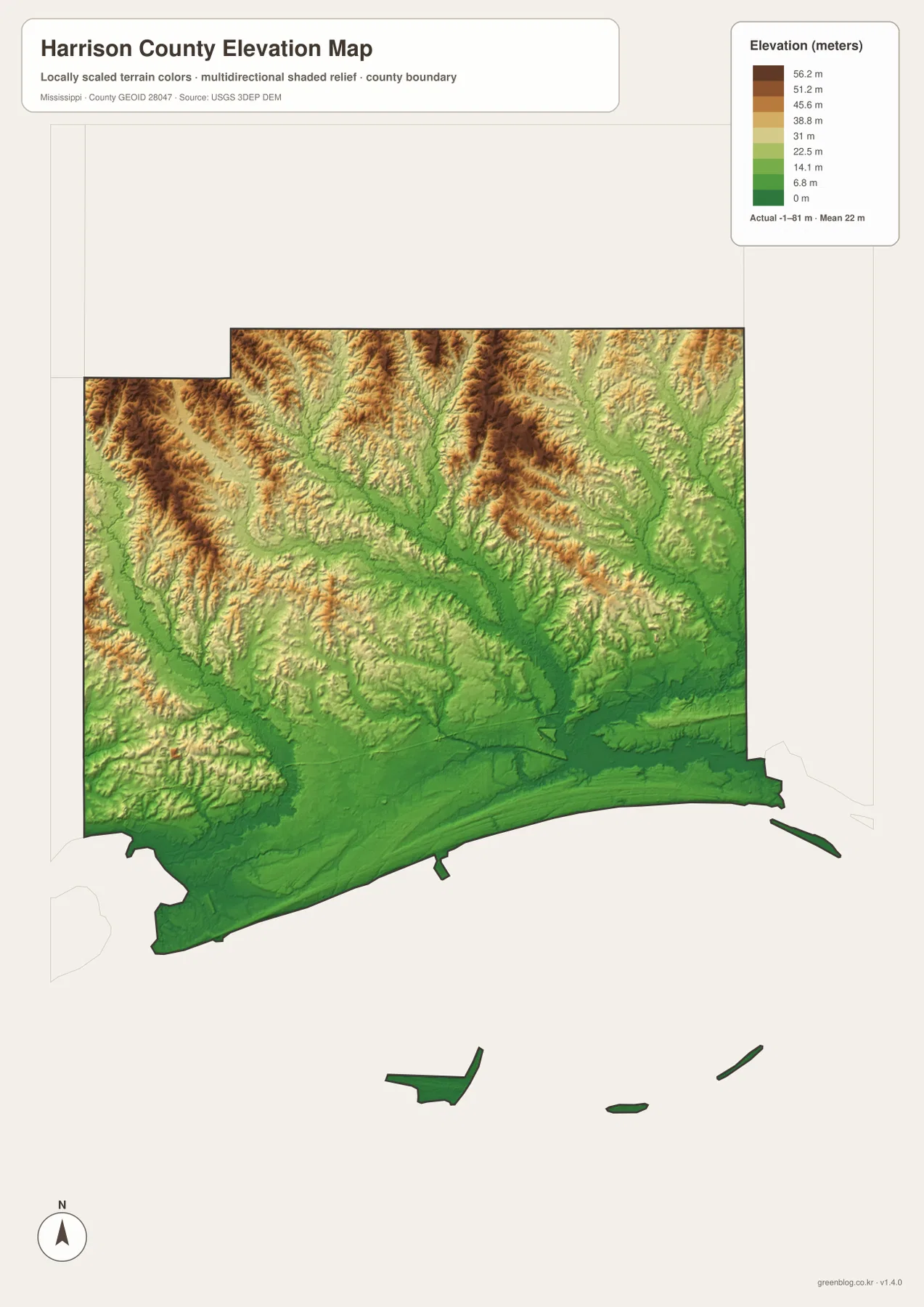 Harrison County elevation map showing a -1 to 81 meter range from the low coast to inland ridges