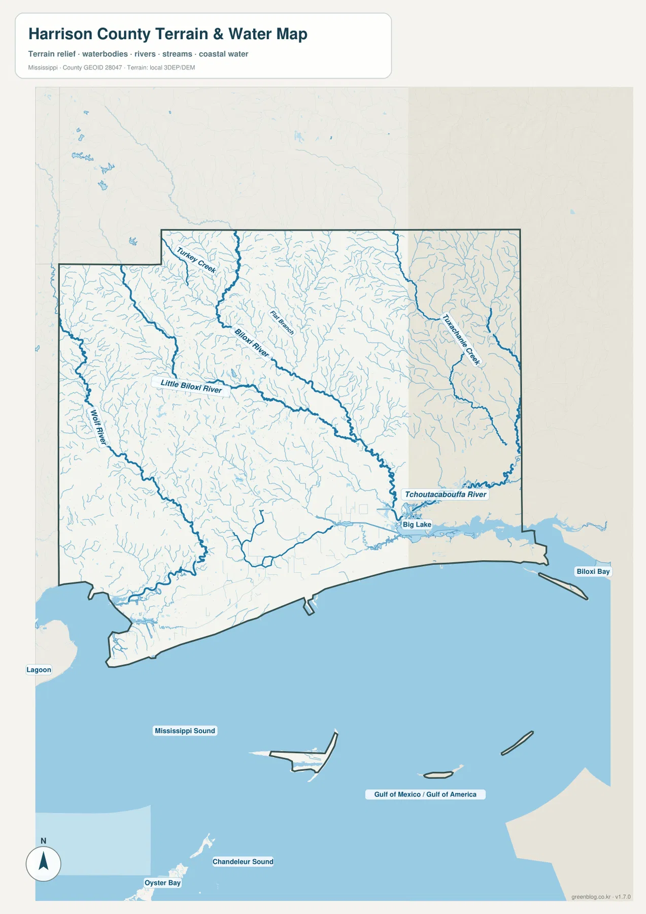 Harrison County water map showing Biloxi River, Little Biloxi River, Wolf River, Tchoutacabouffa River, Biloxi Bay, and Mississippi Sound