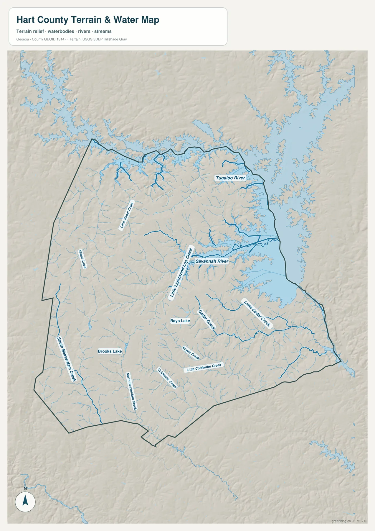 하트 카운티 수역 지도에 표시된 Tugaloo River, Savannah River, Little Shoal Creek, Shoal Creek, Cedar Creek, Little Cedar Creek와 여러 호수