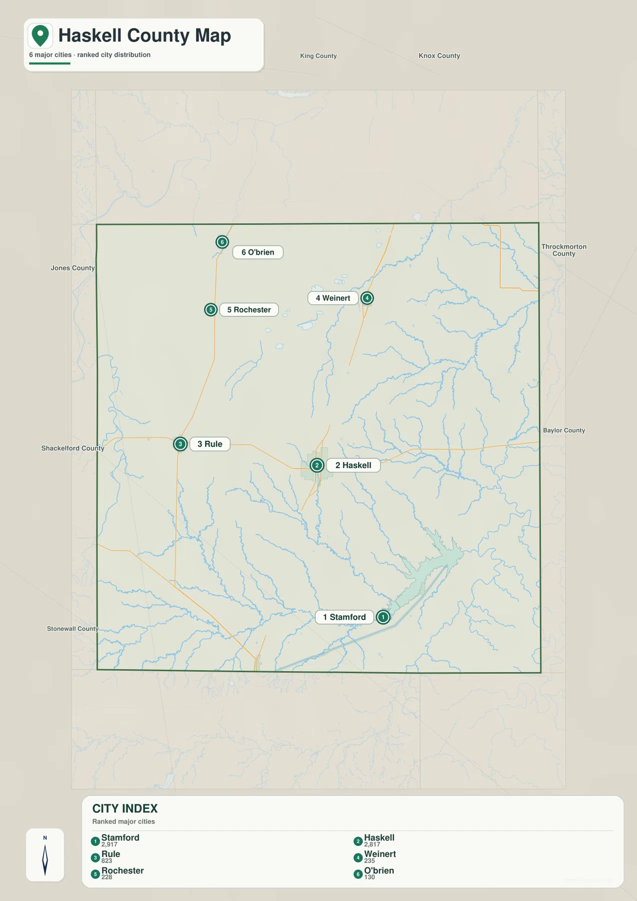 Ranked city distribution map for Haskell County showing Stamford, Haskell, Rule, Weinert, Rochester, and O'Brien
