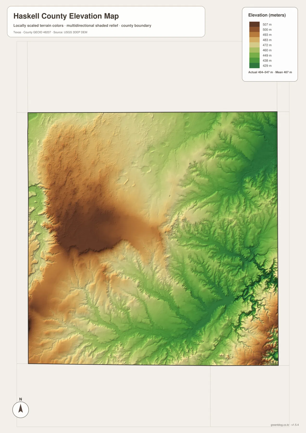 Haskell County elevation map showing higher western terrain and lower eastern creek valleys from about 404 to 547 meters