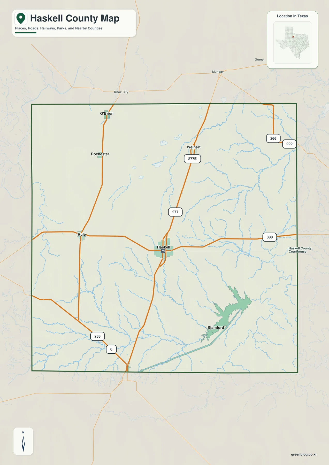 Haskell County Texas map showing Haskell, Rule, Rochester, O'Brien, Weinert, major roads, waterways, and the county boundary