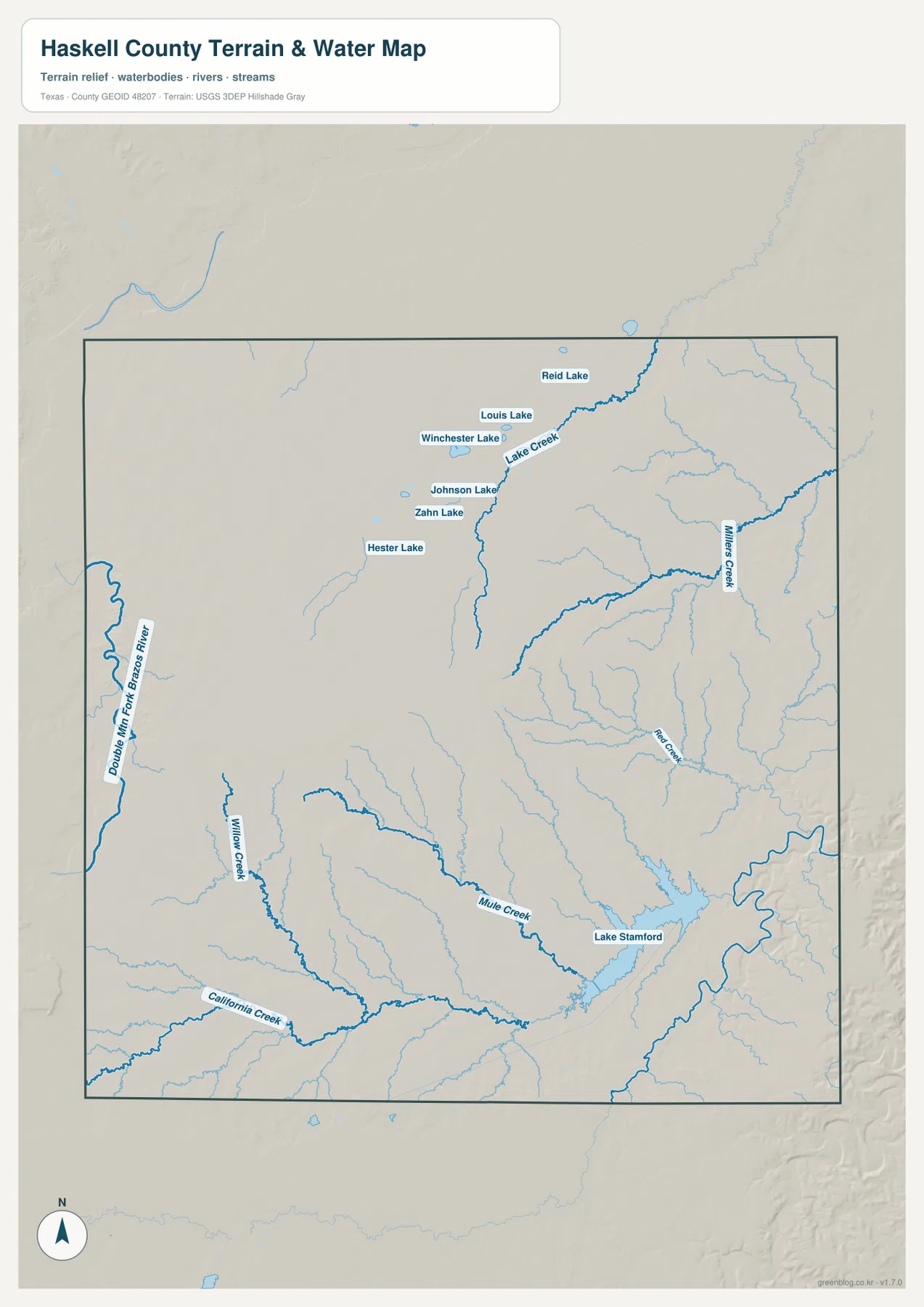 Haskell County terrain and water map with Double Mountain Fork Brazos River, Lake Stamford, Mud Creek, Miller Creek, Willow Creek, and Lake Creek