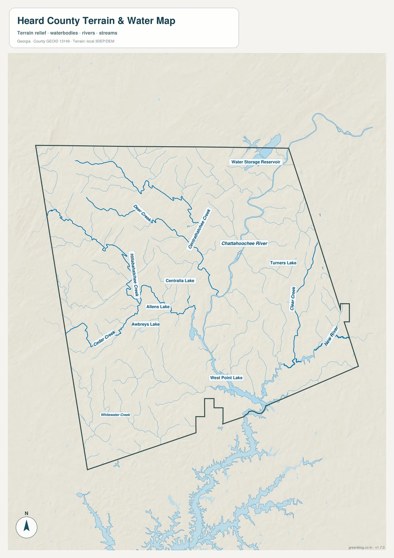 허드 카운티 수역 지도에 표시된 Chattahoochee River, West Point Lake, Centralhatchee Creek, Deer Creek, Clear Creek, New River와 여러 호수