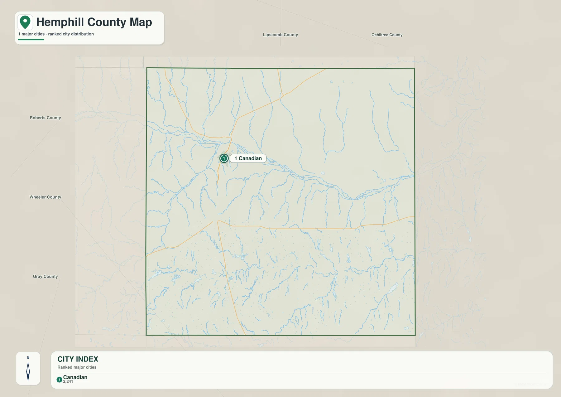 Hemphill County city map highlighting Canadian and nearby county directions