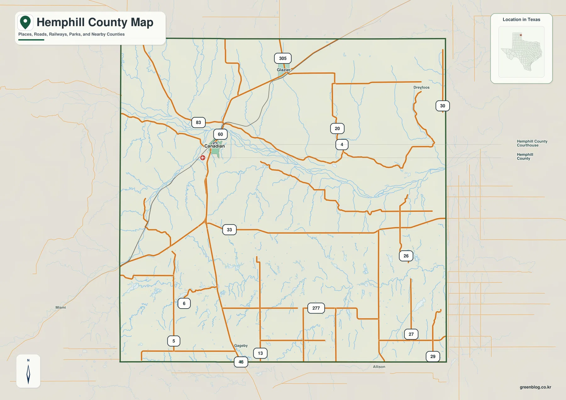 Hemphill County map showing Canadian, Glazier, major roads, streams, and the county boundary