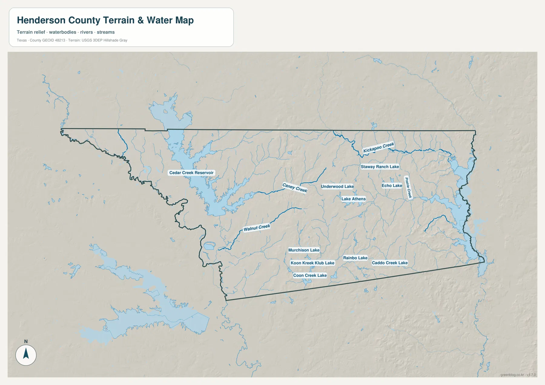 헨더슨 카운티 수역 지도에 Cedar Creek Reservoir, Caney Creek, Walnut Creek, Kickapoo Creek, Lake Athens와 여러 호수가 표시된 모습